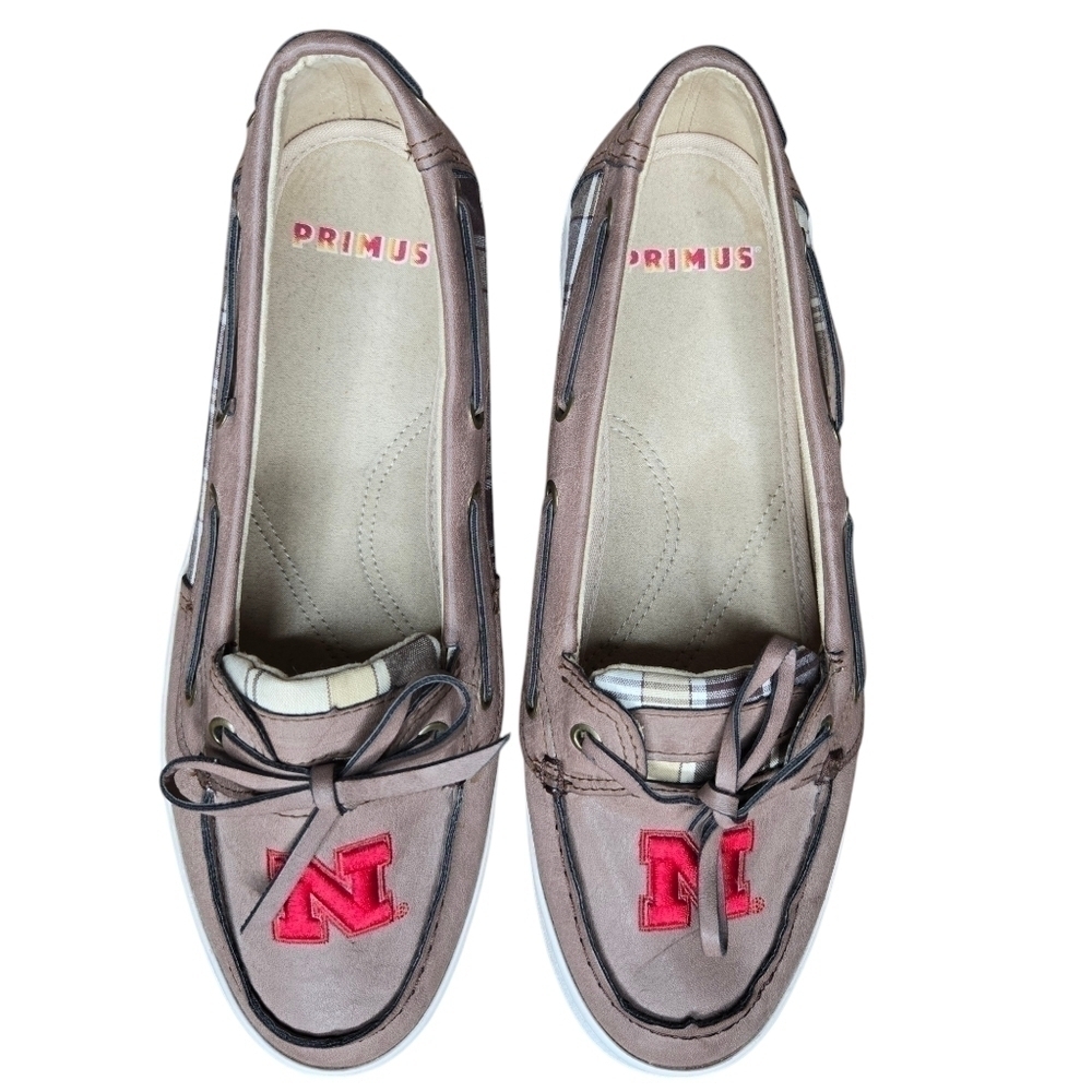 Primus Womens Brown Red Embroidered Nebraska Cornhuskers Boat Loafer Shoes 9